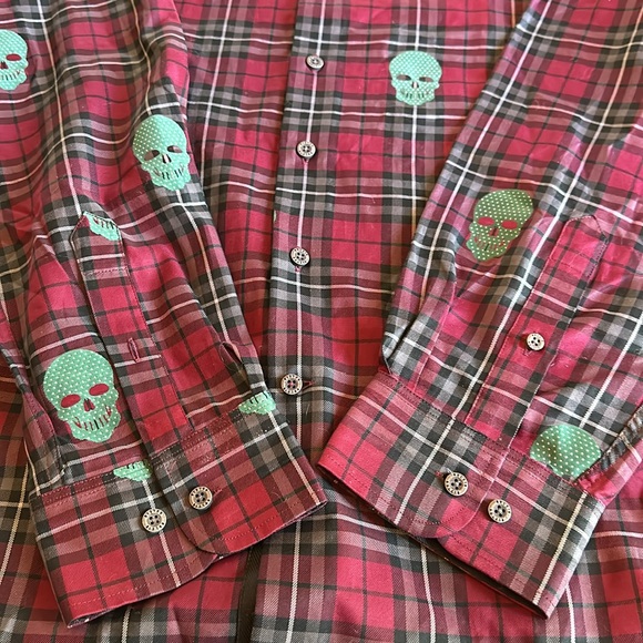 Rule 18 *NWT* Men's Bobby Jones Dark Red Tartan Plaid Skull Sport Golf Shirt - Picture 5 of 10